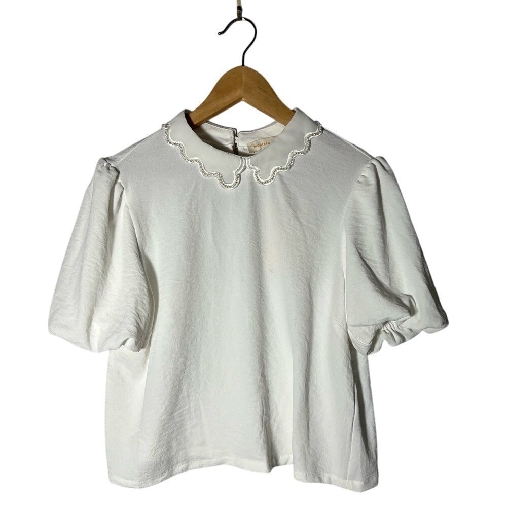 MONTEAU LOS ANGELES White Puff Sleeve‎ Women's Cropped Top Size XL Short Sleeves